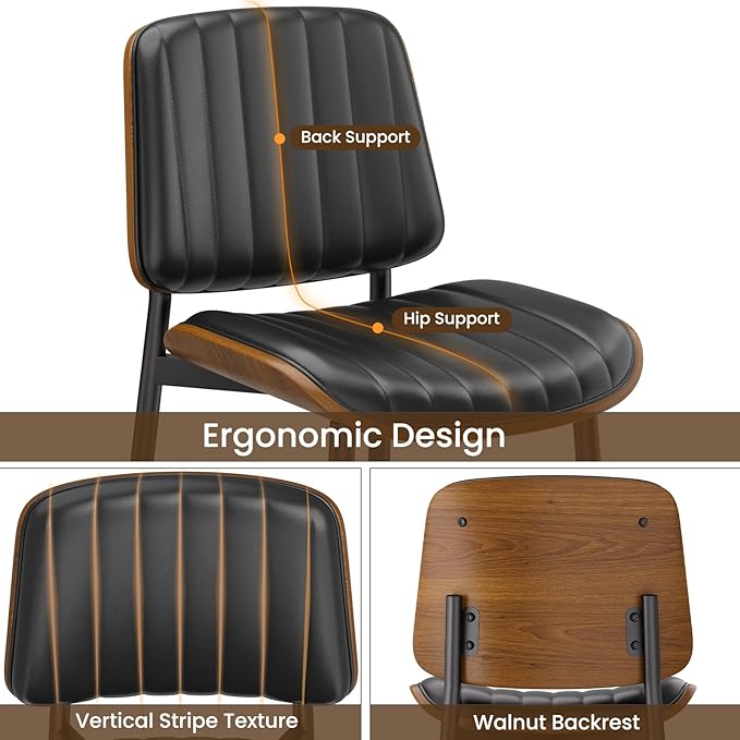 YaFiti Dining Chairs Set of 8, FSC Certified Mid Century Modern Dining Room Kitchen Chairs, Upholstered PU Leather Vertical Stripe Chairs for Vanity with Walnut Bentwood and Metal Legs, Black