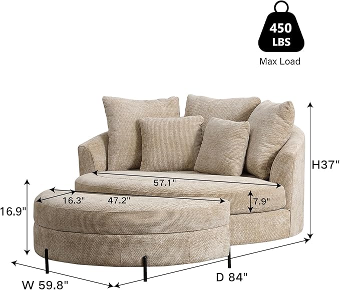 Chifee & Vingol 59.8" W Oversized Accent Barrel Chair Large Round Chair with Ottoman & Movable Wheels,Wheat