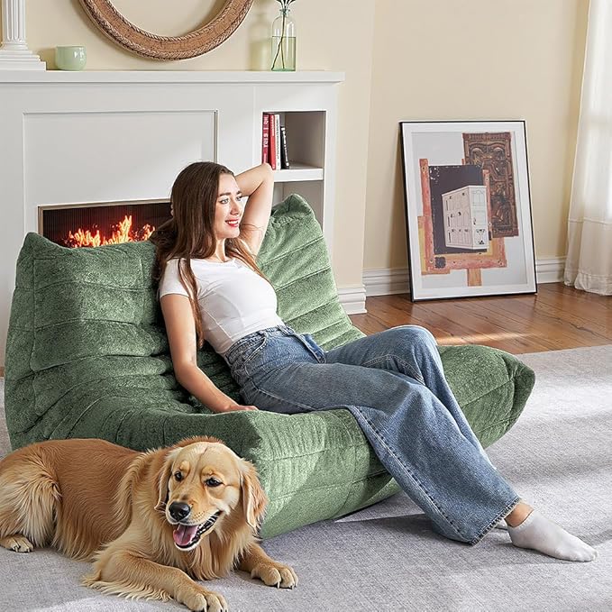 HABUTWAY Bean Bag Chair, Giant Bean Bag Chairs for Adults, Loveseat Fireside Chair, 2 Seater Lazy Bean Bag Sofa Memory Foam Couch for Living Room, Bedroom, Office (Green)