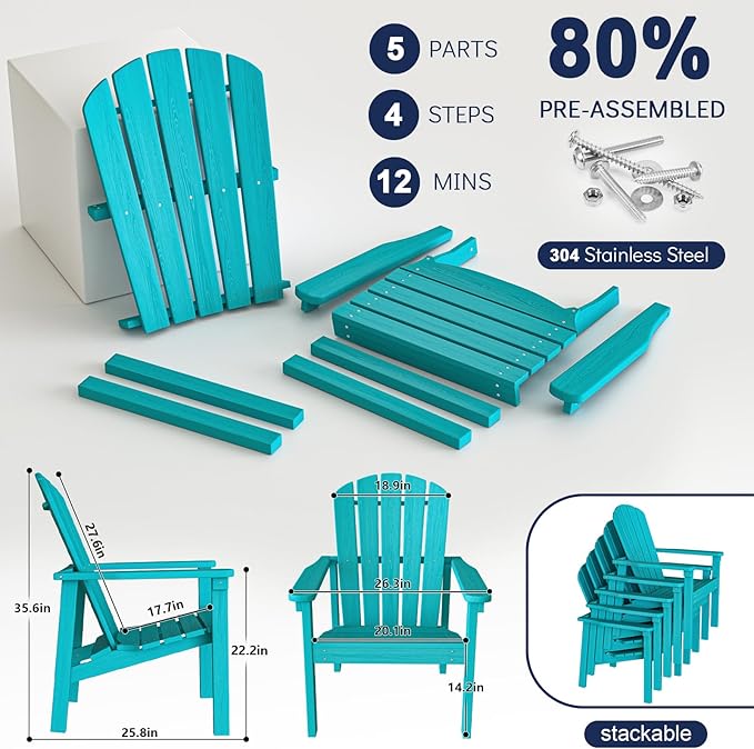 nevilywood Compact Stackable Adirondack Chairs Set of 4, 26.3" Wide HDPE Outdoor Patio Chairs - Durable, Space-Saving Design for Porch, Lawn or Garden, Aruba