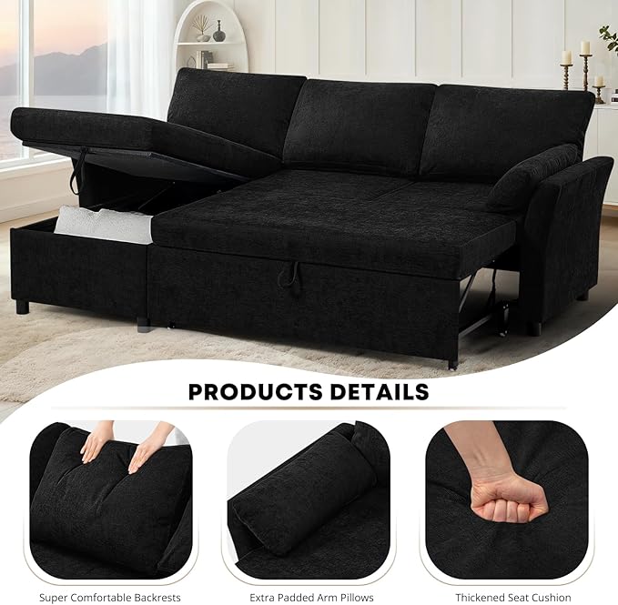 ACMEASE 83 Inches Fabric Sectional Sofa with Pull Out Sofa Bed, Modern L Shaped Sofa with Throw Pillows, Comfortable Sleeper Couch with Storage Chaise for Living Room, Black