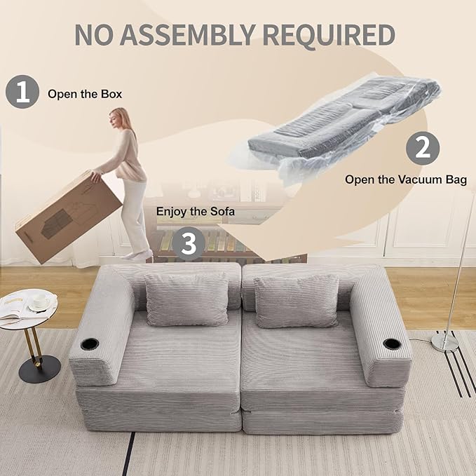 78" Loveseat Sleeper Sofa, 4 in 1 Convertible Floor Sofa Bed, Boneless Cloud Couch with Cup Holder, Fold Out Floor Couch for Living Room Bedroom Lounge, Corduroy, Light Grey