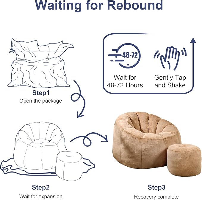 Pumpkin Shaped Bean Bag Chair with Ottoman, Gaint Bean Bag Chair for Adults, Faux Rabbit Fur Comfy BeanBag Floor Sofa Chair for Reading, Playing, Relaxing, Khaki