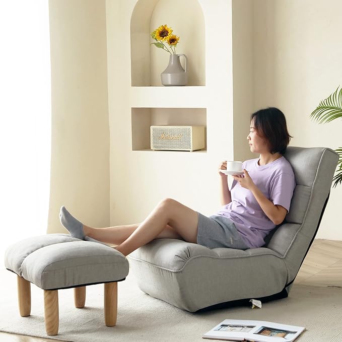 Floor Chair Single Lazy Sofa Leisure Balcony Reclining Japanese Tatami Adjustable Recliner with Ottoman for Living Room, Bedroom, Indoor Use (Footstool, Cement Grey)