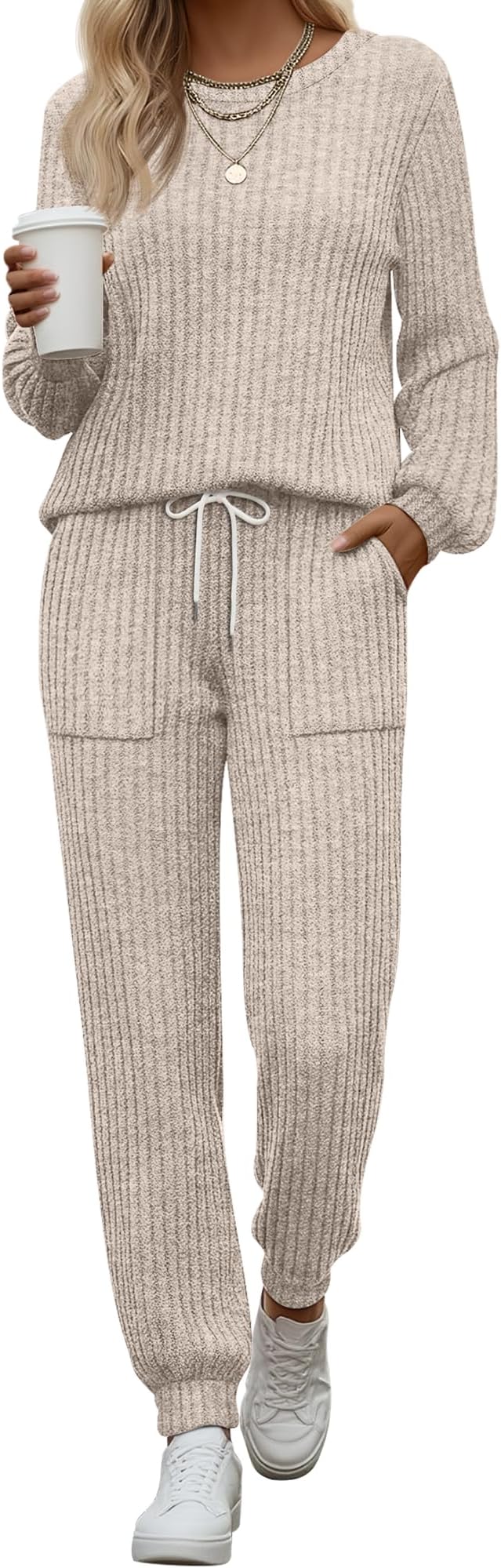 Sweetyweee Women's Ribbed Knit Lounge Sets 2 Piece Outfits Long Sleeve Pajamas Set Loungewear Sweatsuits Fall Pjs with Pocket
