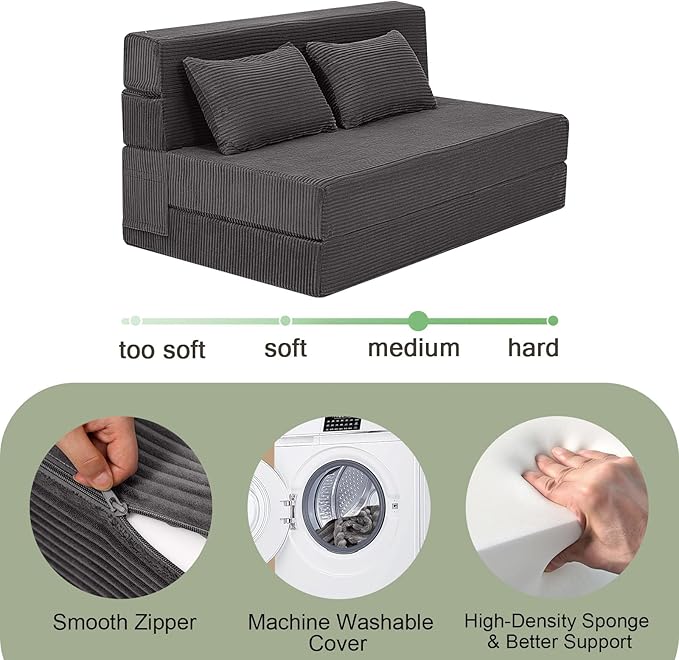 MeMoreCool Boneless Folding Sofa Bed Full, Corduroy Convertible Sleeper Chair, Foldable Foam Mattress Chair, Comfy Fold‑Out Futon Couch Bed, Large Floor Sofa Couch for Living‑Room Guest