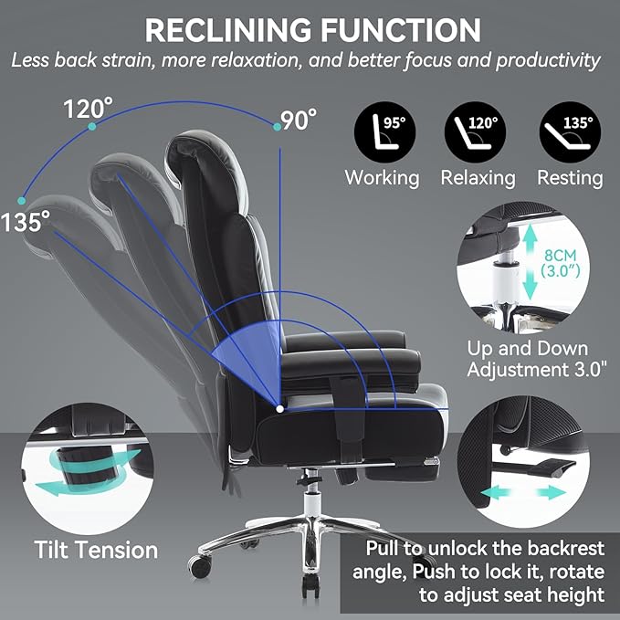 Efomao Big and Tall Office Chair 450lbs, 5.9" Thick Pocket Spring Executive Chair with Footrest, High Back PU Leather Ergonomic Desk Chair, Wide Computer Chair, Black