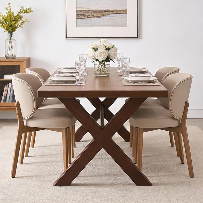 YOUNUOKE Upholstered Dining Chairs Set of 4, Modern PU Leather Dining Room Chair with Wood Legs, Widen Backrest Comfy Armless Side Kitchen Chairs, Khaki
