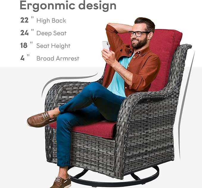 Belord 5 Pieces Patio Wicker Furniture Set - 4 Outdoor Swivel Rocker Glider Chairs with 50000BTU Propane Fire Pit Table, Warm Patio Conversation Set Red Cushion Perfect for Casual Gathering