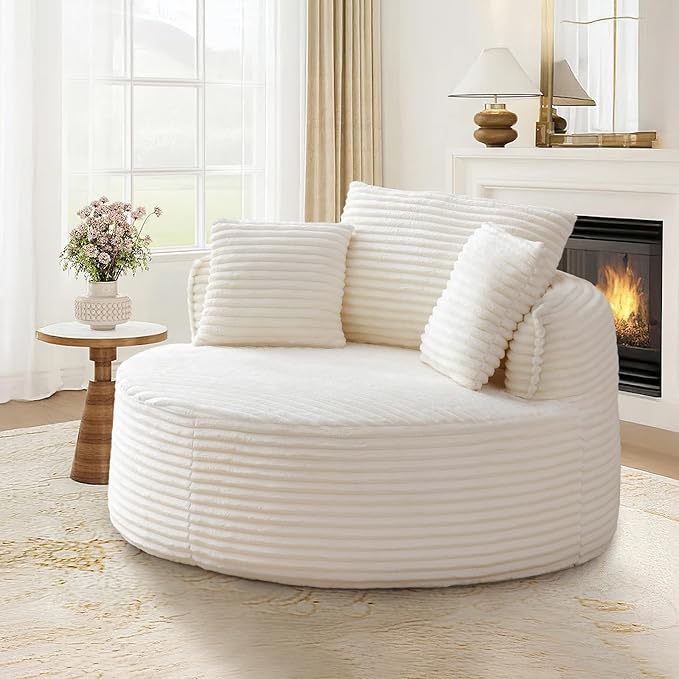 53"W Oversized Round Chaise Longue Chair Indoor,Corduroy Fluffy Comfy Cloud Chair,Circle Bean Bag Sofa with Foam Filling & Pillows,Boneless Reading Cozy Sofa Chairs for Living Room,Bedroom,White