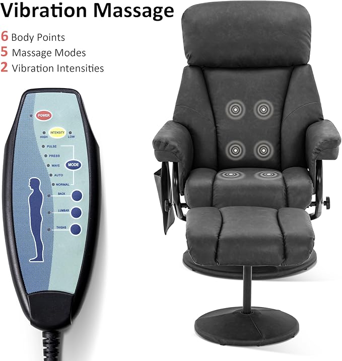 MCombo Swivel Recliner with Ottoman, TV Chair with Vibration Massage, Ideal for RV Small Space, Living Room & Bedroom 4539 (Faux Leather, Dark Grey)