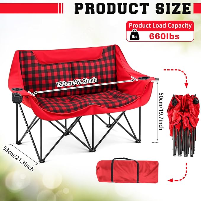 Double Camping Chairs Padded Loveseat Chair for 2 Person, Heavy Duty Oversized Camping Couch for Adults Outdoor Lawn Beach, Portable Folding Sofa with Cup Holders and Carry Bag