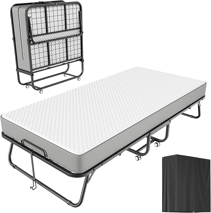Greenvelly Folding Bed with 5 Inch Mattress, 75” x 31” Portable Rollaway Bed with Memory Mattress, Foldable Bed with Metal Frame for Adults,Guest,Space-Saving