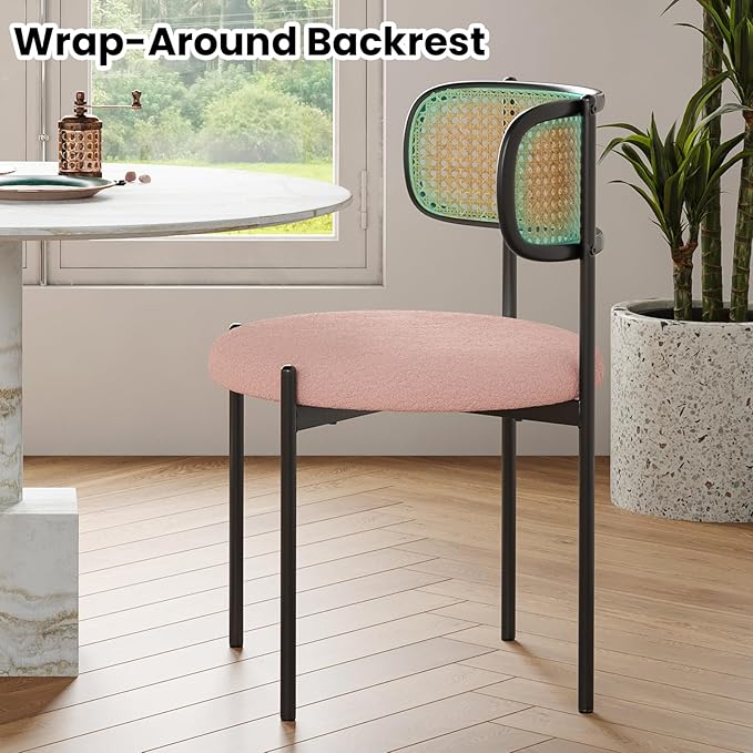 Farini Modern Upholstered Dining Chairs Set of 4,Rattan Back Dining Room Chairs,Accent Kitchen Chairs with Metal Legs,Pink