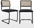 Zesthouse Natural Rattan Dining Chairs Set of 2, Modern Kitchen Chairs with Solid Wood Back for Dining Room Living Room, Mid Century Breuer Design Inspired, Upholstered Boule Fabric, Black