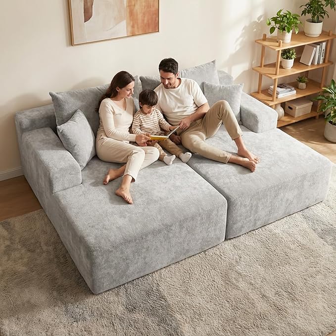 SYTOPIA Loveseat Chaise Lounge with Armrests, Oversized Sofa Bed with 4 Pillows, Cozy Boneless Sleeper, Modular Sectional Couch for Living Room Bedroom, Floor Chair Furniture sala Chenille, Urban Grey