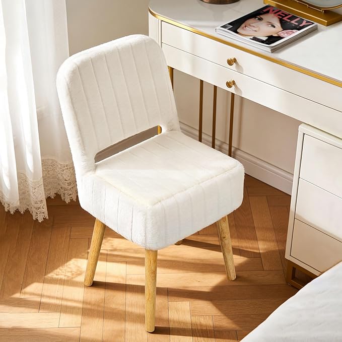 Shinoske Vanity Stool with Storage,White Faux Rabbit Fur Small Makeup Chair for Vanity,Storage Ottoman with Folding Back,Modern Footstool with 4 Solid Wood Legs for Bedroom,Living Room,Home Office