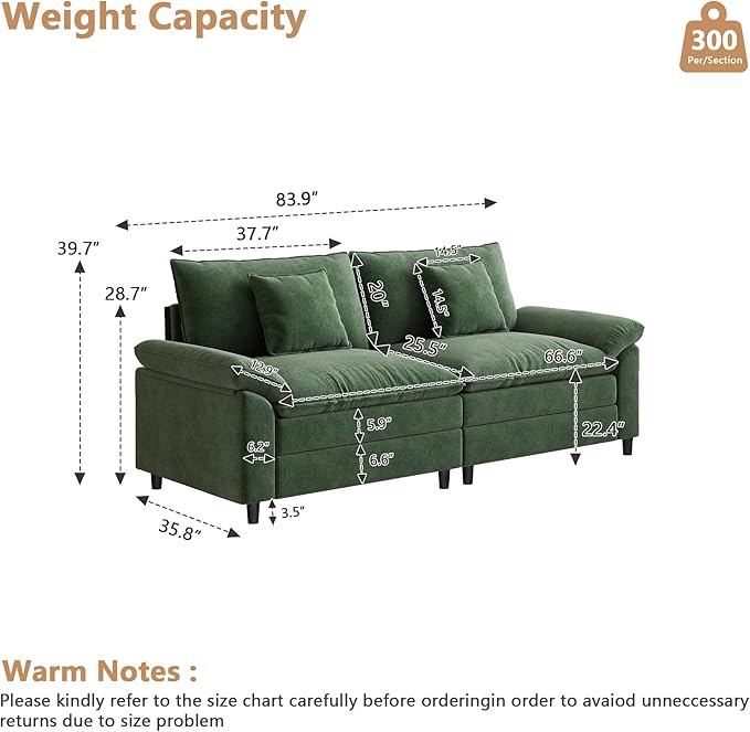 Aoowow Modular Sectional Sofa Modern Convertible Loveseat Couch,84 Inch Deep 2-Seater Sofas Comfy Chenille Cloud Sofas and Couches for Living Room Apartment(Green)