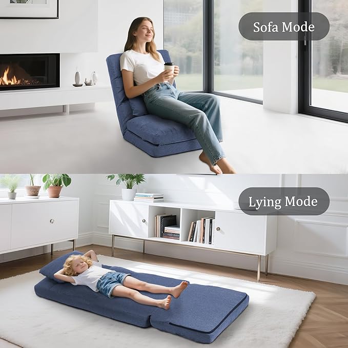 Chaise Lounge Indoor, 14-Position Floor Chair with Padded Pillow for Adults Kids, Folding Lazy Sofa Chair for Living Room, Bedroom, for Gaming Reading Blue
