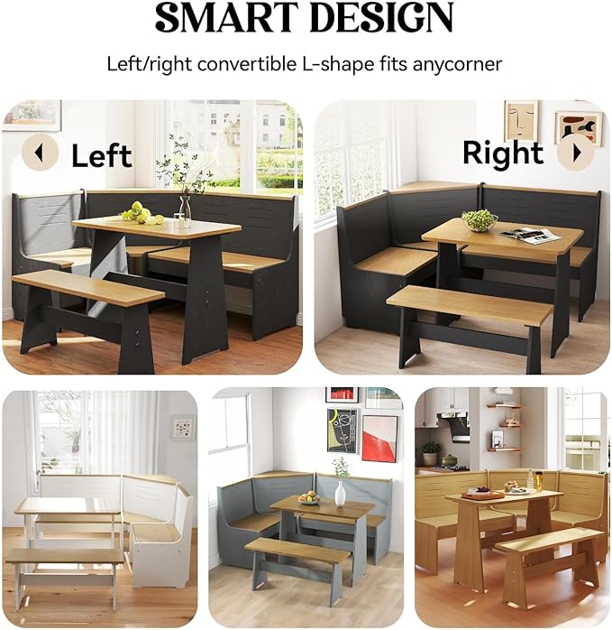 Breakfast Nook Corner Dining Table Kitchen Bench Chair Set, Space-Saving 3-5 People Seat Reversible L-Shape for Family Home Grey Wood