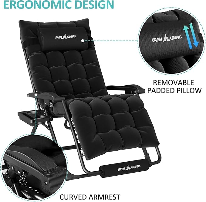 Amopatio Oversized Zero Gravity Chair with Cushion, XL Folding Outdoor Lounge Reclining Patio Chair with Tray/Footrest/Headrest for Camping Sunbathing Relaxing Reading