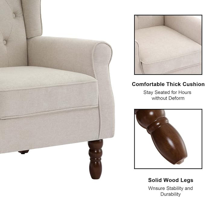 DREAMSIDEA Accent Chair, Upholstered Armchair with Button Tufted High Back & Solid Wood Legs, Comfy Wingback Reading Single Sofa Chair for Small Spaces, Living Room, Bedroom (Beige, Set of 2)