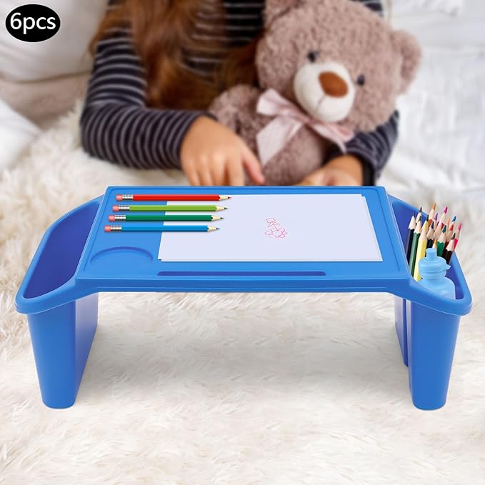 Kids Lap Desk Tray with Side Pockets, Plastic Breakfast Laptop Trays Kids Activity Lap Desk Tray Portable Bed Table Lap Desk for Kids Students Work Study School Classroom (6Pcs, Blue)