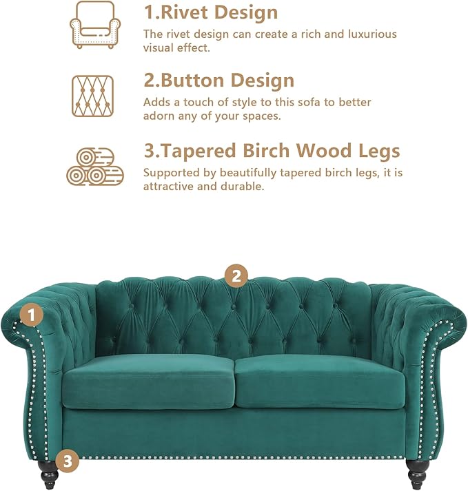 QHITTY Accent Sofa, Chesterfield Loveseat Modern Velvet Couch Upholstered Sofa with Tufted Back for Living Room Furniture (Green)