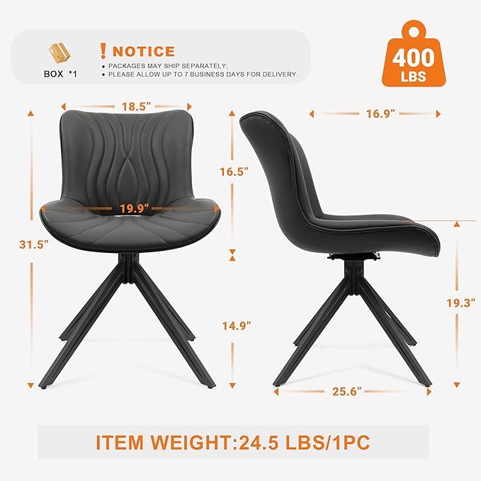 VATROS Dining Chairs Set of 2, 360° Swivel Upholstered Mid-Century Modern Kitchen Dining Room Chairs, Armless Faux Leather Accent Side Chair with Padded Back, Metal Leg, Black
