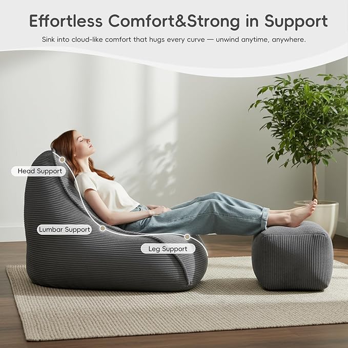 Cloud Bean Bag Chair with Ottoman for Adults, Comfy Corduroy Chaise Lounge Chair with High-Resilience Foam, Boneless Reading Chair for Bedroom & Living Room (Grey)