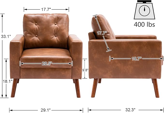 VESCASA Tufted Accent Arm Chair with Wood Legs, PU Faux Leather Comfy Upholstered Single Sofa, Mid Century Modern Side Club Leisure Chair for Reading/Living Room/Bedroom, Caramel