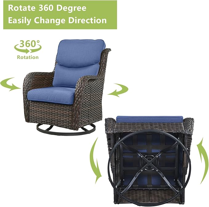 Rilyson Wicker Patio Furniture Set - 5 Piece Rattan Outdoor Sectional Conversation Sets with 2 Swivel Rocking Chairs,2 Ottomans and 1 Side Table for Porch Deck Garden(Brown/Blue/Smile)