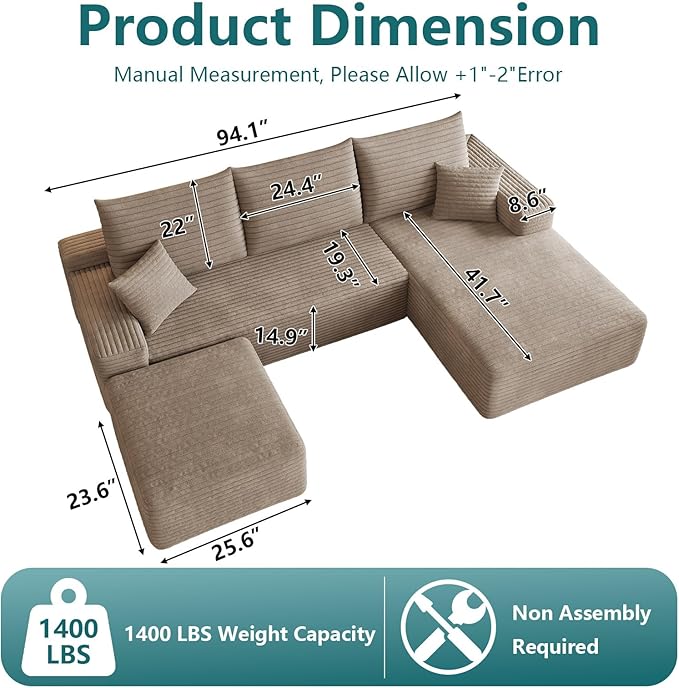 95" U-Shape Cloud Couch, Modern Modular Sectional L-Shape Sofa with Ottoman, Corduroy Upholstered Couches Deep Seat Sleeper Chaise Longue for Living Room, No Assembly Required(Camel, Right Facing)