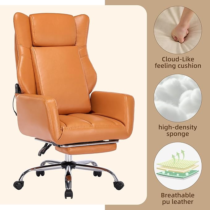 DYHOME Orange Leather Office Chair with Massage and Footrest, Heavy Duty Task Desk Chairs,Swivel Ergonomic Computer Gaming Chairs with Lumbar Support, Wheels Flip-up Arms Adjustable Height