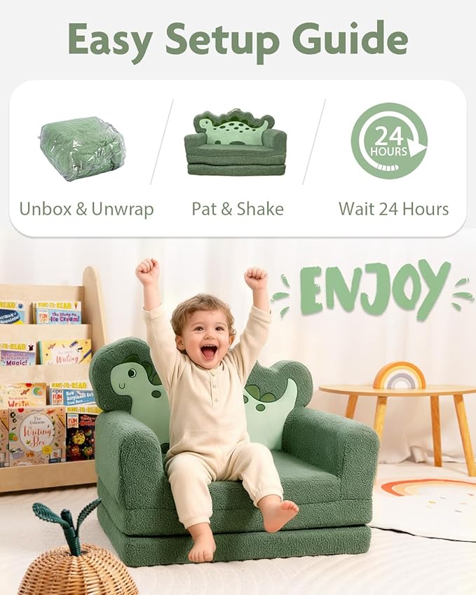 TinyPalsa Kids Couch, Convertible Sofa to Lounger Fold Out, Green Dinosaur Design Chair for Toddlers 1-3, Gift for Movie Night, Camping, and Napping
