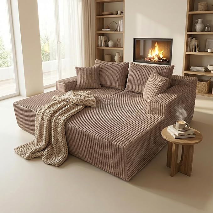 Sytopia Loveseat Chaise Lounge with Armrests, Oversized Sofa Bed with 4 Pillows, Cozy Boneless Sleeper, Modular Sectional Couch for Living Room Bedroom, Floor Chair Furniture sala Corduroy