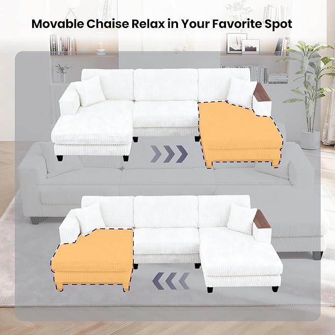 FurniMix 4-Seat Corduroy Sectional Sofa with Swappable Chaise, Soft Upholstery, Wide Seats & Armrest Storage,White
