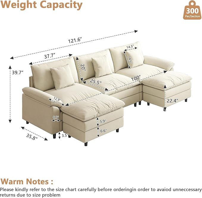 Aoowow Modular Sectional Sofa Modern Convertible U Shaped Couch,118.9 Inch Deep 3-Seater Sofas Set Comfy Chenille Cloud Sofas and Couches with Movable Ottoman for Living Room Apartment(Beige)