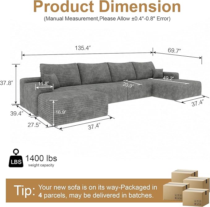 AUGOP 136" Sectional Couches for Living Room Modern Modular Sofa with L-Shape Couchs Upholstered Boneless Couch Deep Seat Sectional Couch with Chaise (Grey, Right Facing Chaise+3Seaters+Ottoman)
