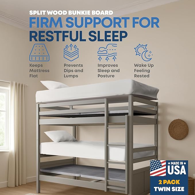 Greaton, Premium 38mm Split Wood Bunkie Board Twin Size Bed Frames - 2-Piece Under Mattress Support Board, Fully Assembled, Fabric Ventilation Cover - Replaces Wooden Slats or Box Spring(Pack of 2)