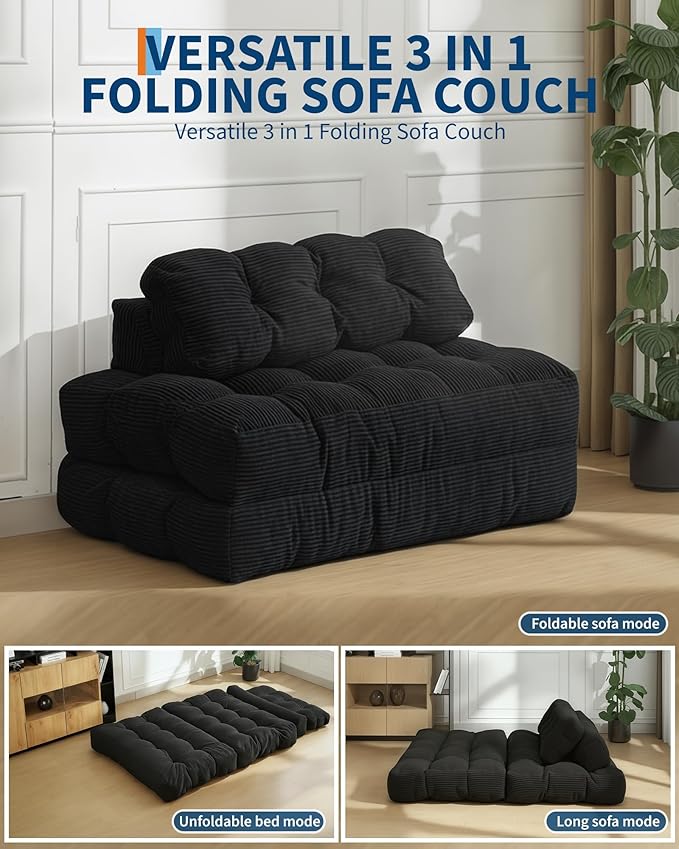 Garvee Folding Sofa Bed, Convertible Sleeper Chair with Pillow Foldable Mattress with Back Support, Boneless Fold Out Chair Bed Comfy Floor Sofa Lounge for Living Room, Bedroom, Black, Full