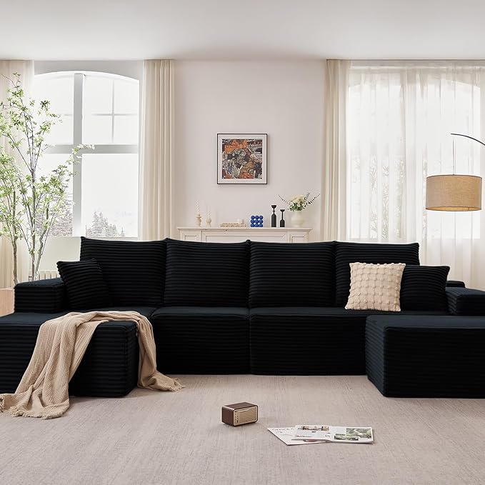 135.4" Cloud Sectional Couch with Ottoman,Modern U-Shaped Cloud Couch with Deep Seat,Comfy Corduroy 4-Seater Sofa,Memory Foam Sofa for Living Room,No Assembly(Black,Left-Facing Chaise)