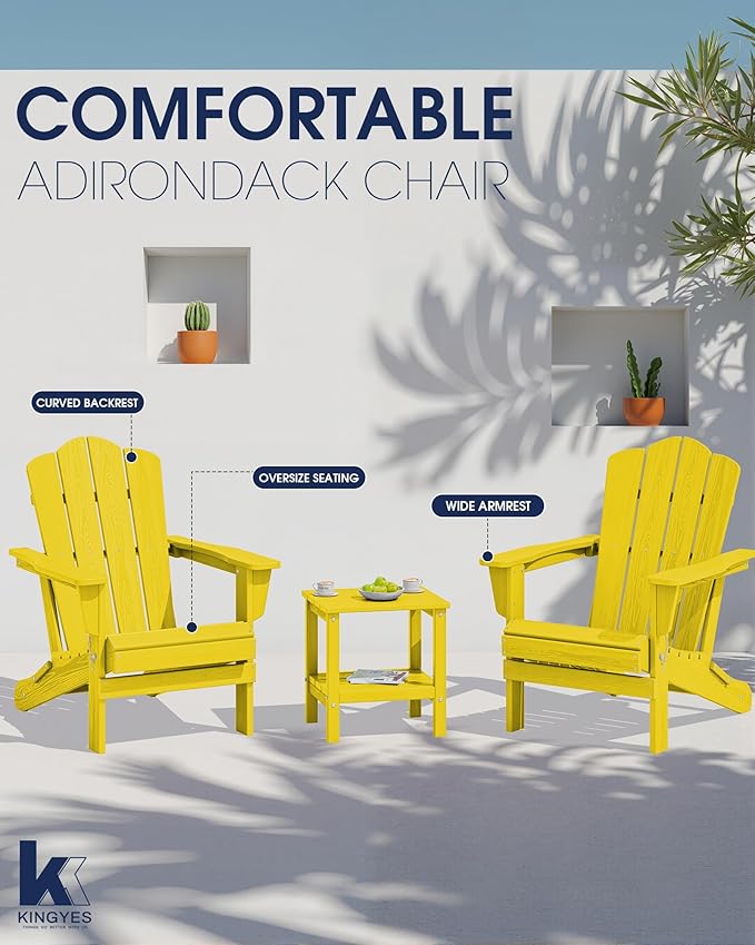 KINGYES Folding Adirondack Chair Set of 4, HDPE All-Weather Folding Adirondack Chair, Yellow