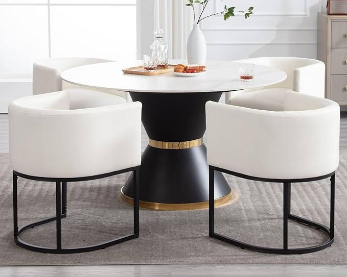 VESCASA Faux Leather Upholstered Dining Chairs with Barrel Back, Modern Padded Restaurant Chairs with Black Metal Frame for Kitchen, Dining Room, Set of 2, White