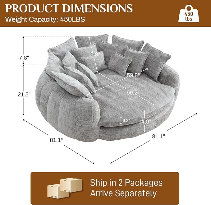 81" Oversized Bean Bag Chair Boneless Round Chaise Lounge Comfy Chenille Reading Chair Fluffy Plush Sofa Bed Large Deep Seat Circle Cloud Couch for Living Room, Bedroom, Apartment, Light Gray