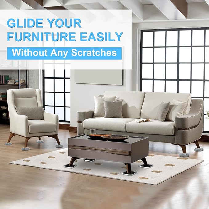 Kiss Core New Upgrade Furniture Movers Sliders, 8+8 Pack 4.3" Multi-Surface Furniture Sliders with Groove Design, 8PCS Moving Pads and 8 Hardwood Socks, Protect Floor and Easily Move Furniture