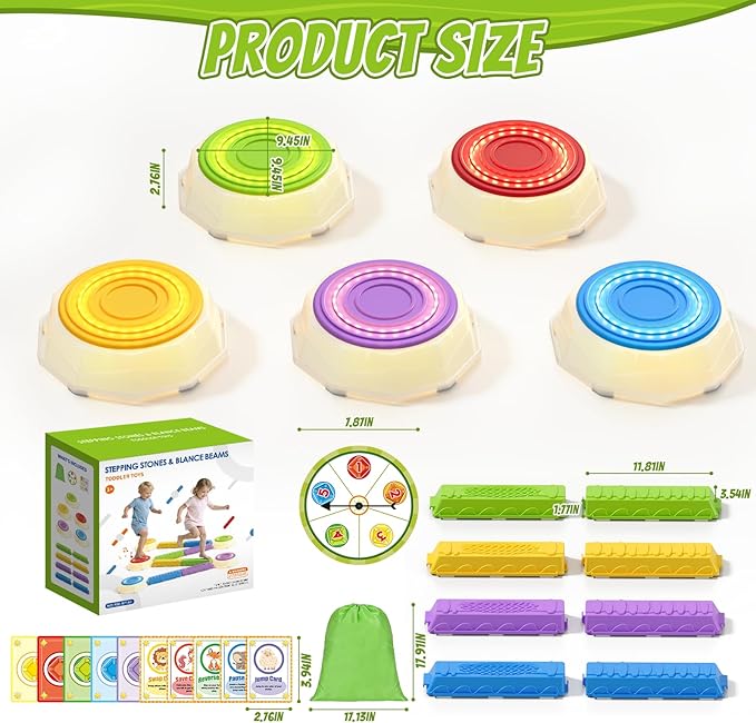 HYES Light Up Stepping Stones & Balance Beams for Kids - 13 PCS Set with Piano Music, Game Spinner & 30 Cards, Sensory Jumping Toys for Toddler, Birthday Gift for Boys Girls Ages 3-5