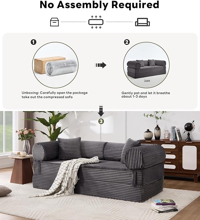 Tbfit 79'' Folding Boneless Couch, Oversized Corduroy Convertible Sofa Bed, Futon Mattress Sleeper Sofa, Comfy Foldable Upholstered Floor Couches for Living Room, Gray