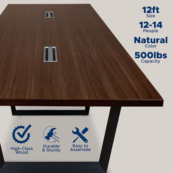 ahliss Sturdy Conference Table with Cable Management Grommets Modern Rectangle Office Meeting Table with Wood Tabletop and Metal Frame & Legs- Easy Assembly Boardroom Table (Dark Brown, 12 Foot)