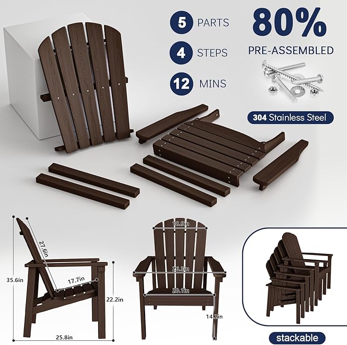 nevilywood Compact Stackable Adirondack Chairs Set of 2, 26.3" Wide HDPE Outdoor Patio Chairs - Durable, Space-Saving Design for Porch, Lawn or Garden, Coffee